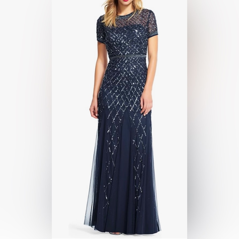 Adrianna Papell Navy Beaded Short-Sleeve Evening Gown